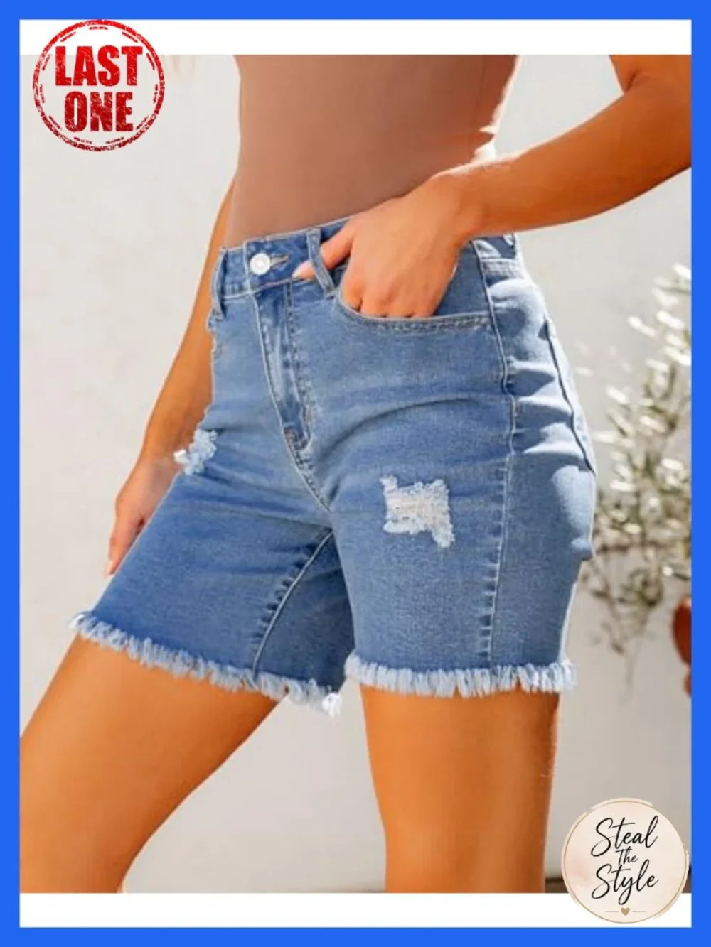High Waisted Distressed Stretchy Denim Long Shorts Women Casual Ripped Raw Hem